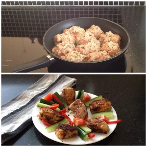 Kyllingefrikadeller med bacon, rødpeber og bønner