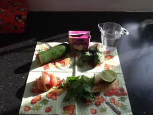 Kokosmælk, agurk,mynte,æble,lime,spinat og vand ☺️