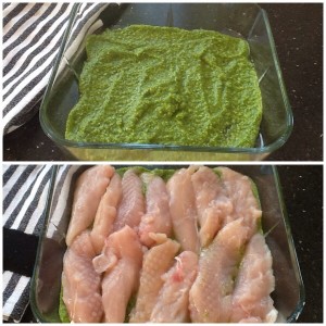 Bunden smøres med pestoen og kyllingen lægges ovenpå ☺️